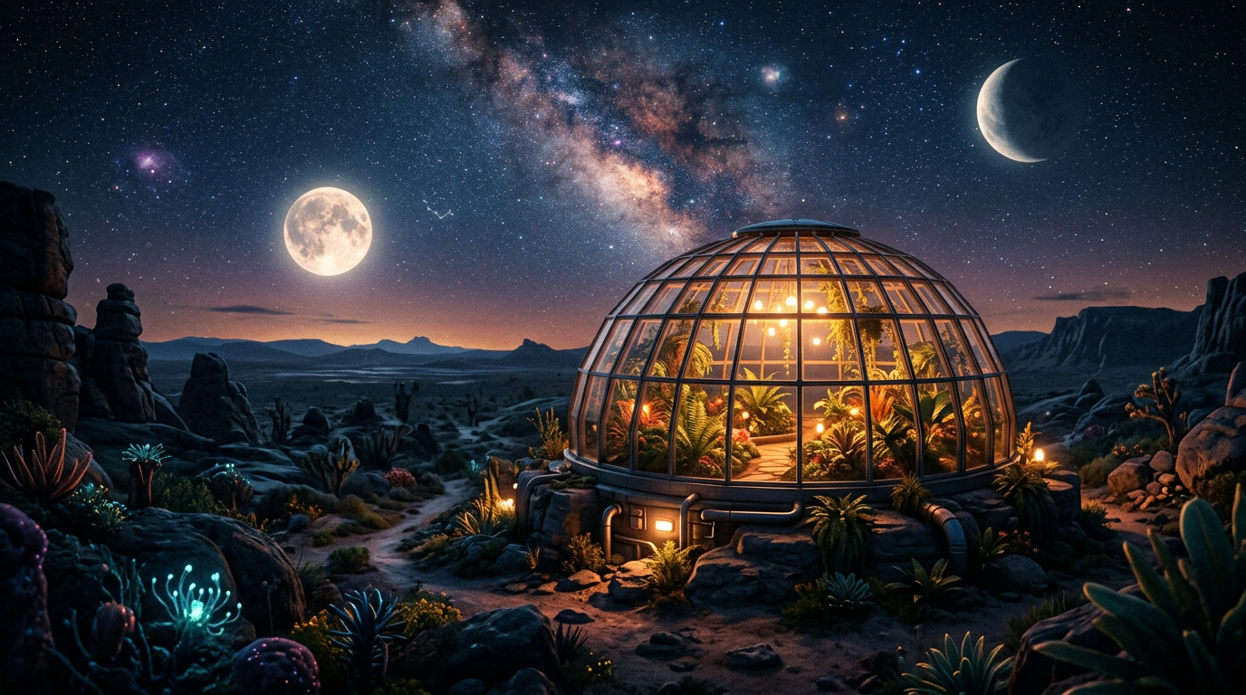 Space Colony lofi wallpaper — domes, gardens, a new sector