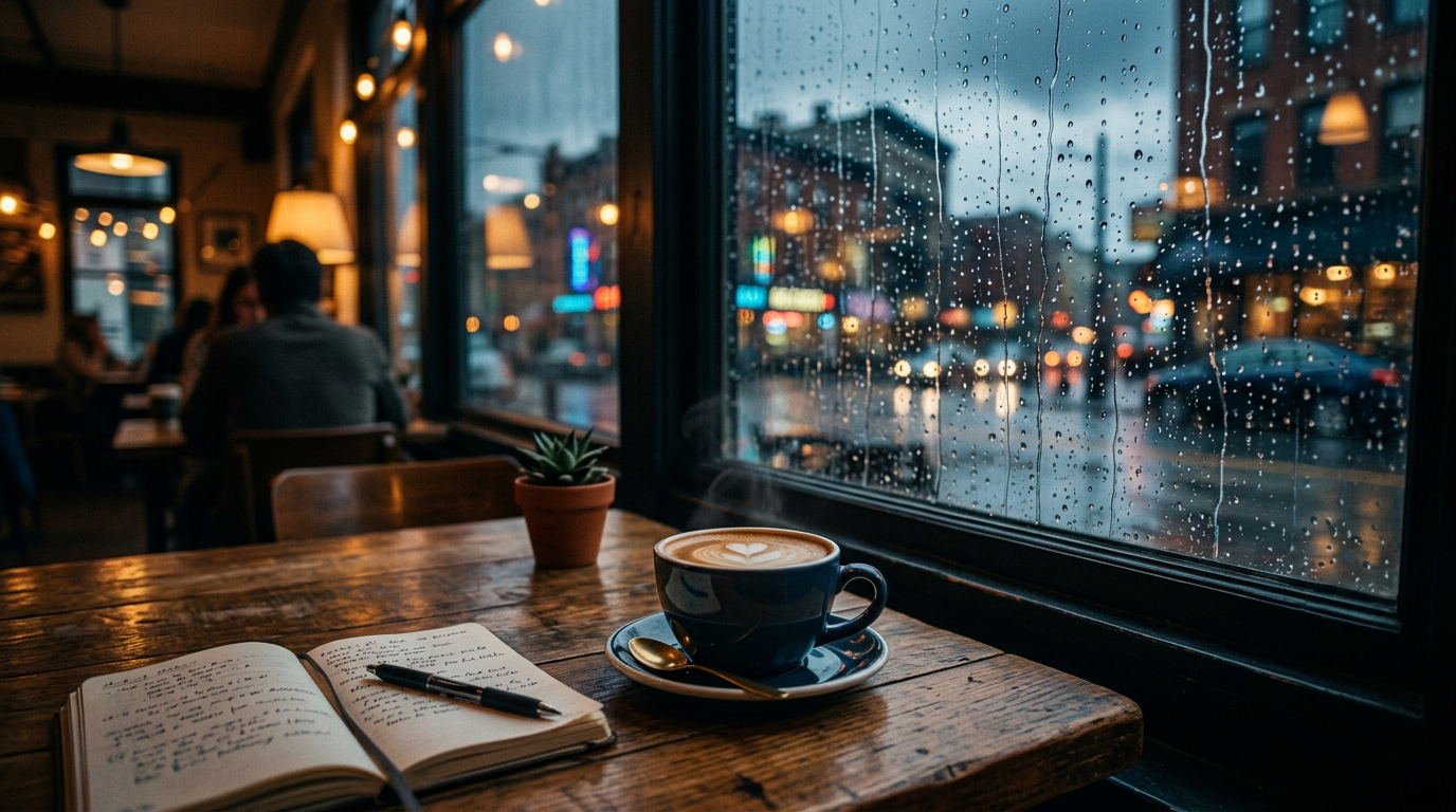 Rainy Cafe lofi wallpaper — Warm coffee, soft rain
