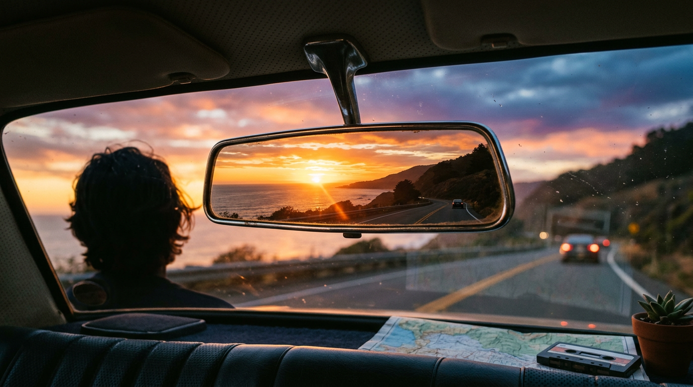 Sunset Drive lofi wallpaper — Golden hour on an open road