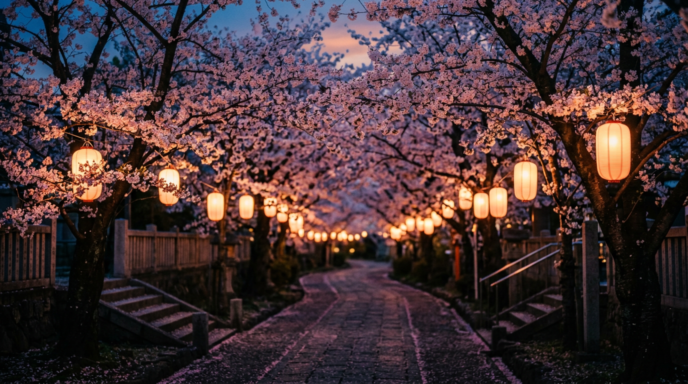 Sakura Dusk lofi wallpaper — petals on an empty street