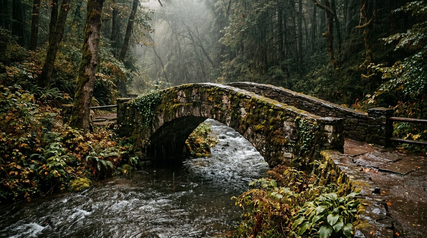 Rain in the Woods lofi wallpaper — wet ferns, soft thunder